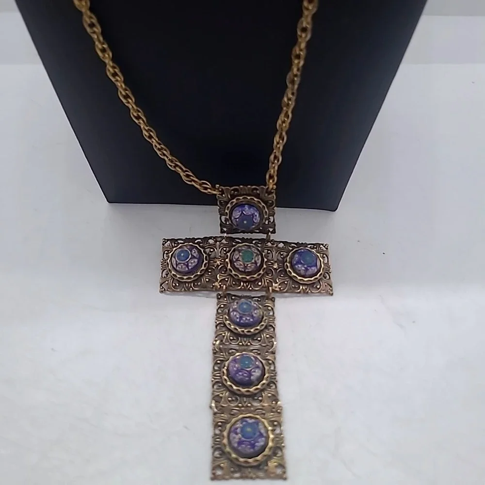 Vintage Hobe Necklace Gold Tone Filigree Enamel Articulated Large Cross RARE
